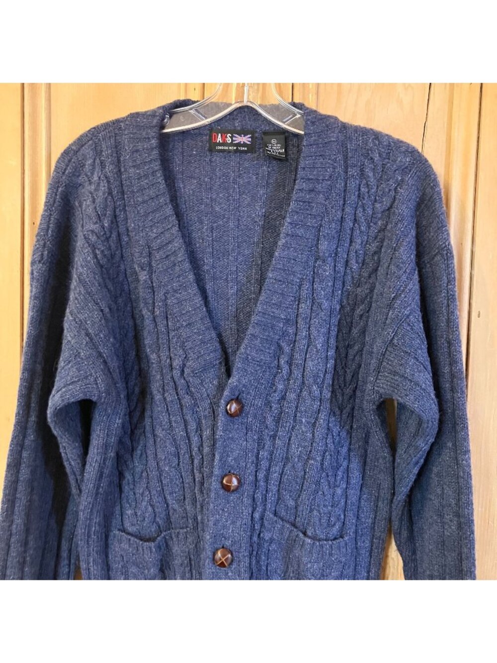 Daks Mens Vintage 100% Wool Leather Button Luxury Cardigan Sz Medium Blue FA EXC
